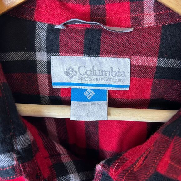 Columbia NWOT Wisconsin Badgers Red Black Plaid Flair Gun LS Flannel Shirt Sz L - Picture 6 of 14